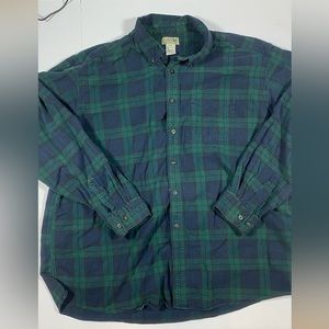 LL Bean Men's Long Sleeve Green Plaid Cotton Shirt, Size 2XL Regular